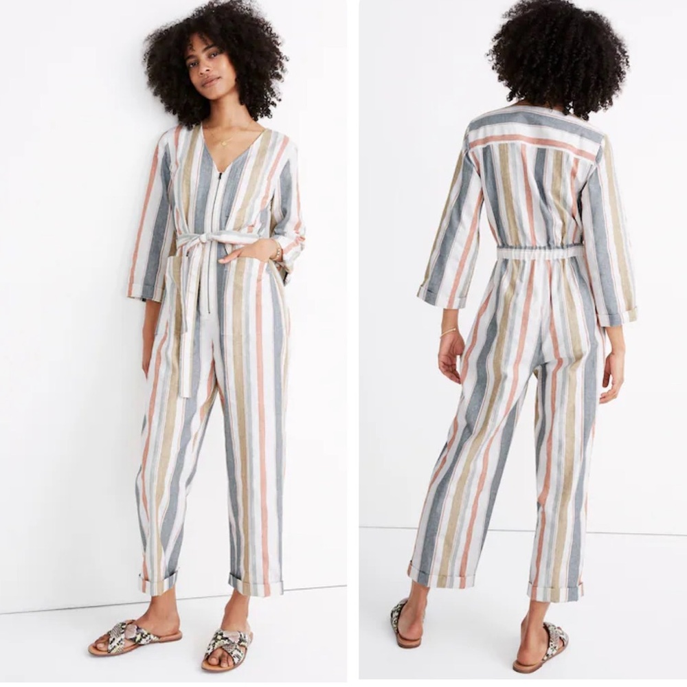 Madewell V-Neck Tie-Waist Jumpsuit in New March Stripe Rusted Tin size 6